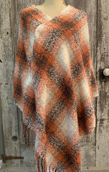 Josie Plaid Poncho Rust and Brown