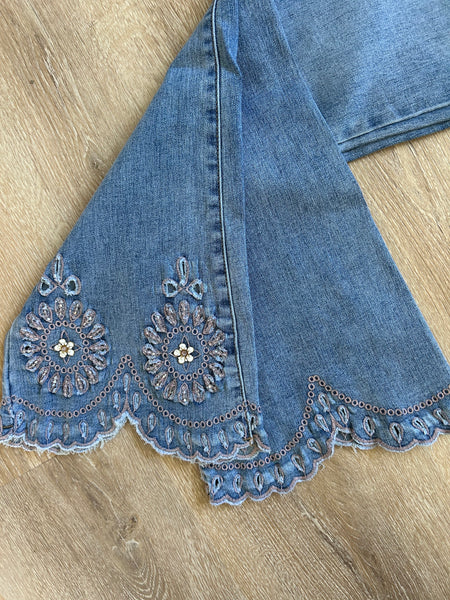 Jeans EverStretch Flare Jeans with Hand Bead Embroidered Scalloped Bottoms