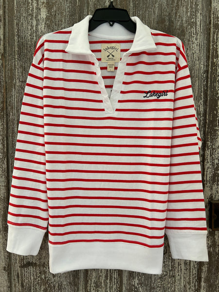 Lake Girl Red Striped V-Neck Pullover